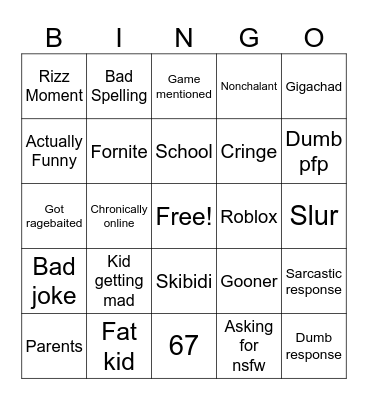 Stupid Gen Alpha Kids Bingo Card