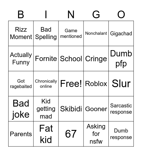 Stupid Gen Alpha Kids Bingo Card