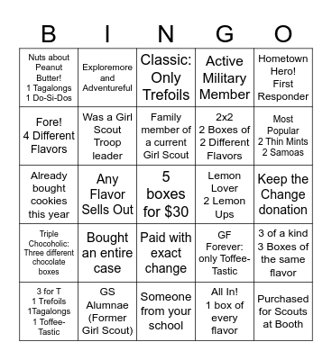 Girl Scout Cookie Booth Bingo Card