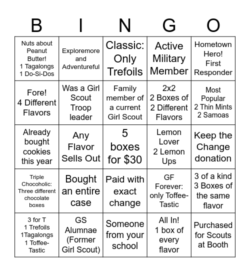 Girl Scout Cookie Booth Bingo Card