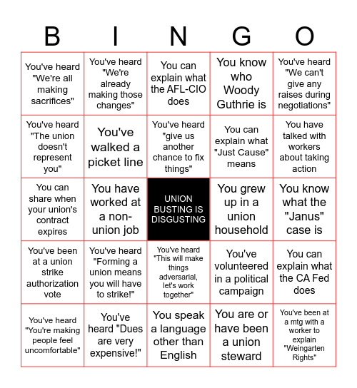 Union Bingo Card