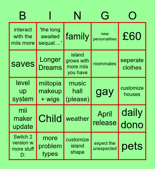 Tomodachi Life 29th January direct Bingo Card