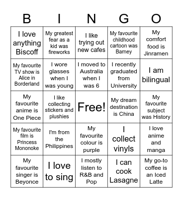 Get-to-Know me! Bingo Card