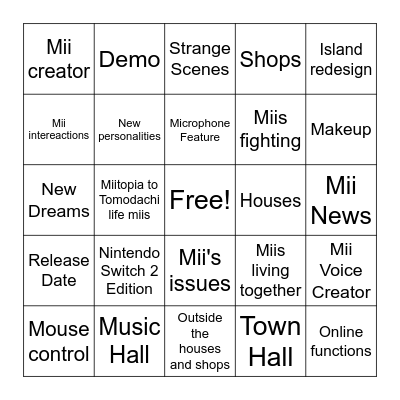 Tomodachi Life Living the Dream Direct Bingo Card