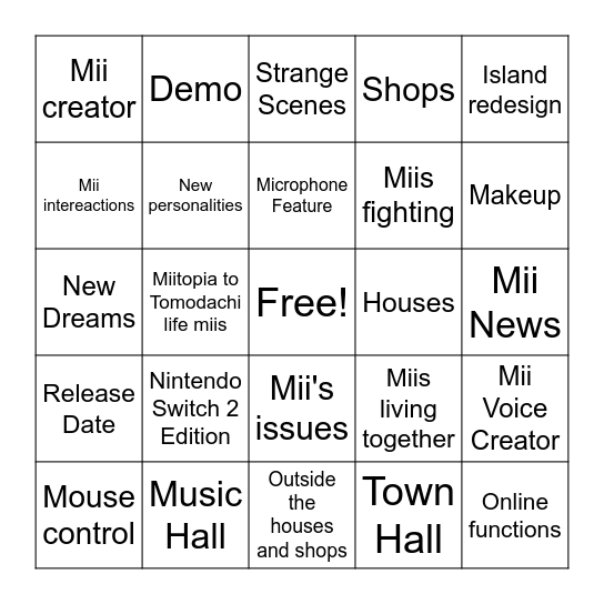 Tomodachi Life Living the Dream Direct Bingo Card