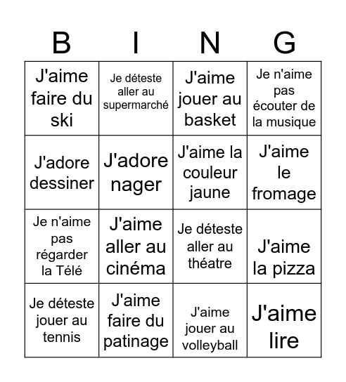 J'adore, J'aime, Je n'aime pas, Je déteste Bingo Card