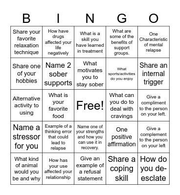RELAPSE PREVENTION Bingo Card