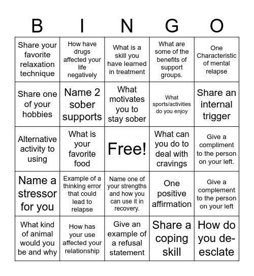 RELAPSE PREVENTION Bingo Card