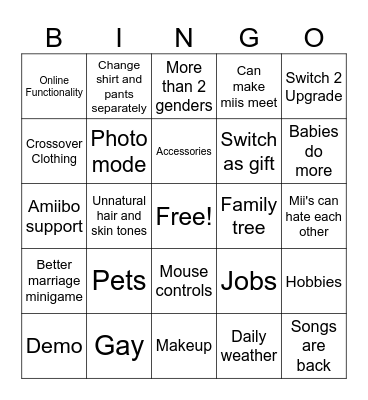 Tomodachi Bingo Card