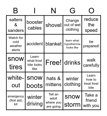 WInter Safety Bingo Card