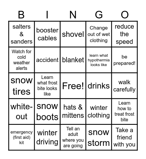 WInter Safety Bingo Card