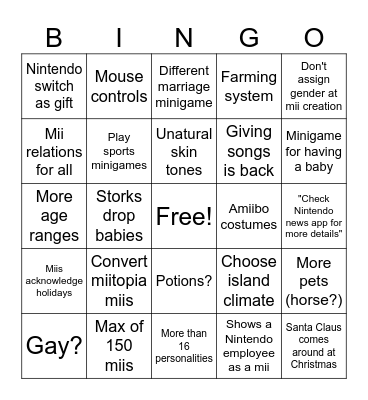 Tomodachi Bingo Card