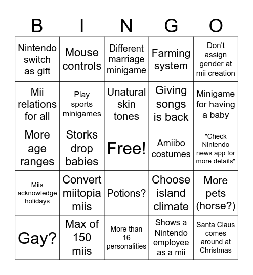 Tomodachi Bingo Card