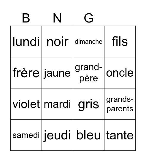 Bingo en español Bingo Card