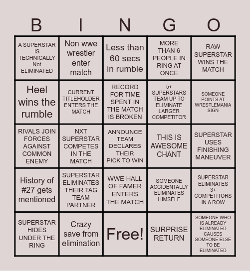 ROYAL RUMBLE 2026 Bingo Card