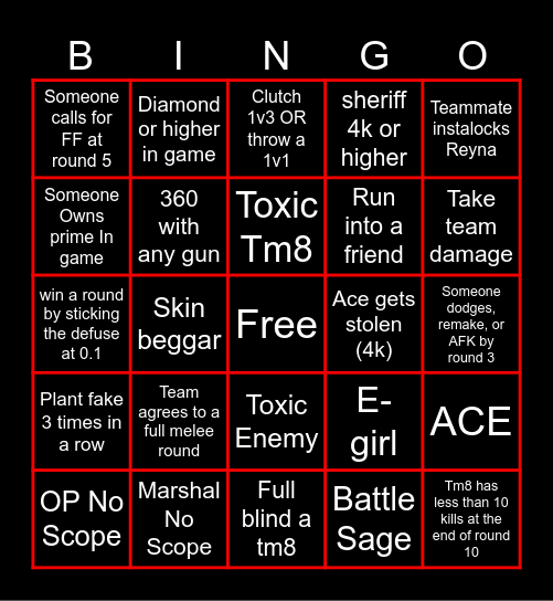 Valo Bingo Card