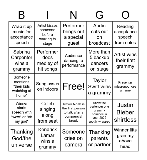CLP- Grammys 2026 Watch Bingo Card