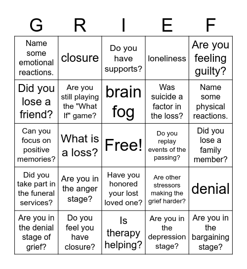 Grief and Loss Bingo Card