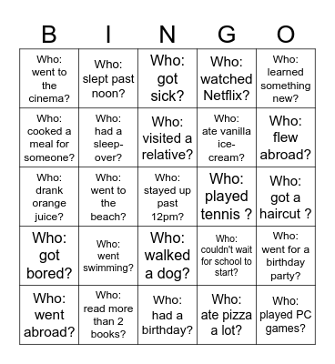Back-to-School Bingo - What did you do over the holiday? Bingo Card