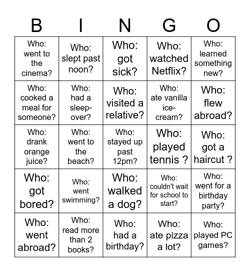 Back-to-School Bingo - What did you do over the holiday? Bingo Card