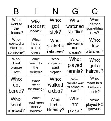 Back-to-School Bingo - What did you do over the holiday? Bingo Card