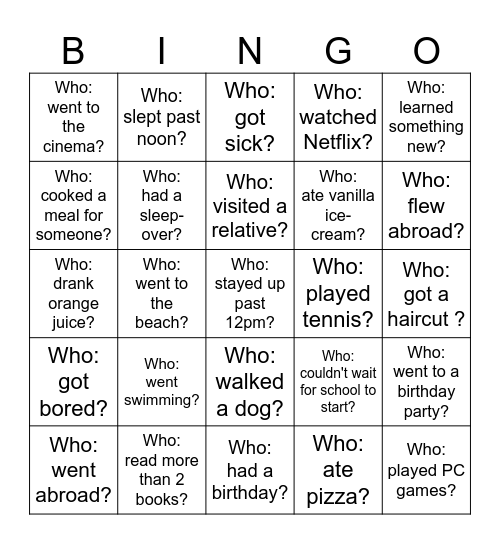 Back-to-School Bingo - What did you do over the holiday? Bingo Card