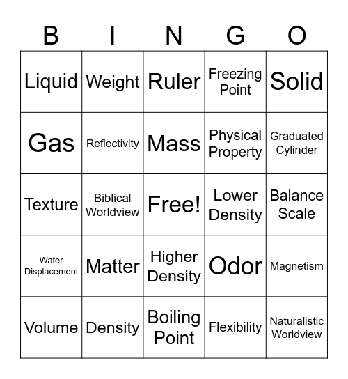 Properties of Matter Bingo Card