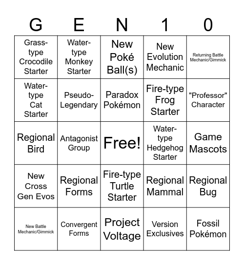 Generation 10 Reveals Bingo Card