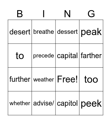 Homophone Bingo Card