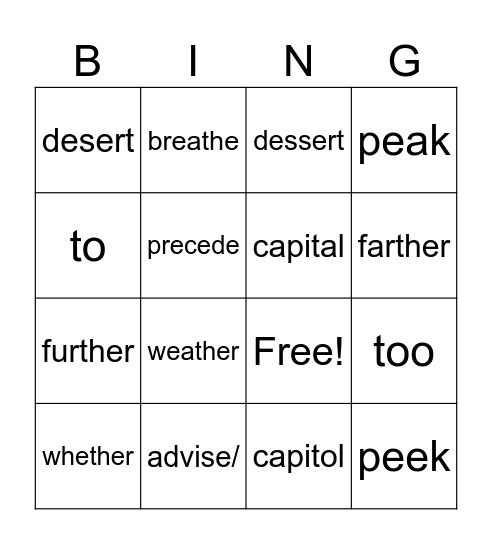 Homophone Bingo Card