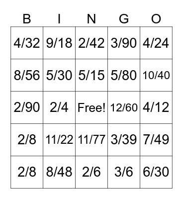 Simplifying Fractions Bingo Card