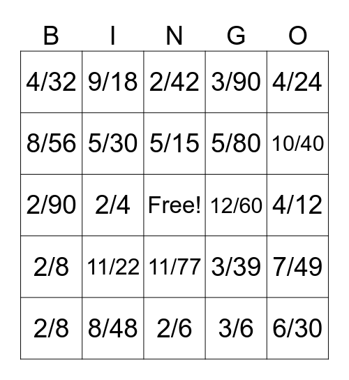 Simplifying Fractions Bingo Card