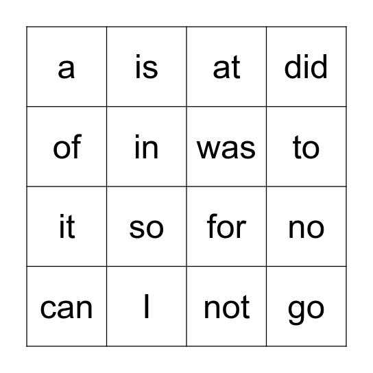 High Frequency Words Bingo Card