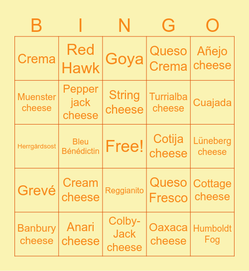 Cheese Bingo Card