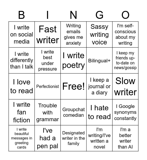 Writer BINGO! Bingo Card