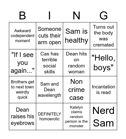 Supernatural 8 Bingo Card