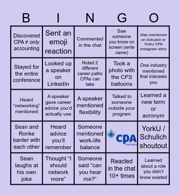 CFS WATCHPARTY BINGO Schulich x Yorku Bingo Card