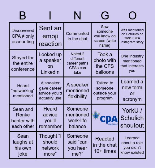 CFS WATCHPARTY BINGO Schulich x Yorku Bingo Card