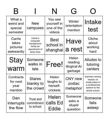 Winter Semester Helen Meeting Bingo Card
