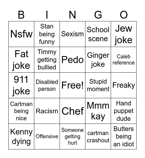 Southpark Bingo Card