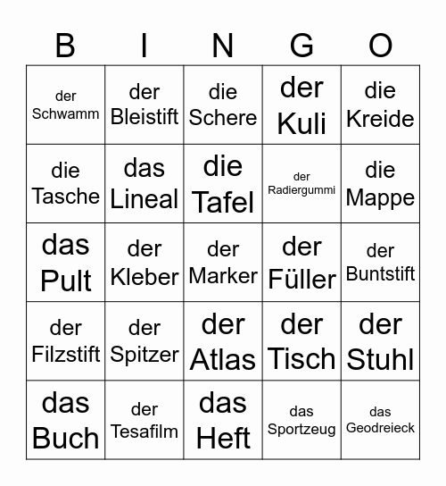 Schulsachen Bingo Card