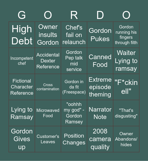 Gordon Bingo Card