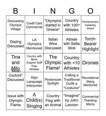 Winter Olympics 2026 Bingo Card
