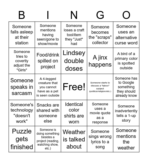 Craft Retreat Bingo Day 3/3 Bingo Card