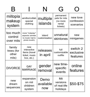 new tomodachii life direct bingo Card