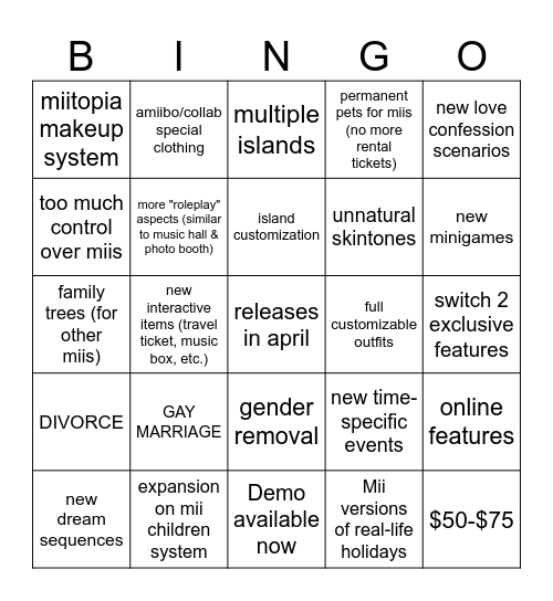 new tomodachii life direct bingo Card