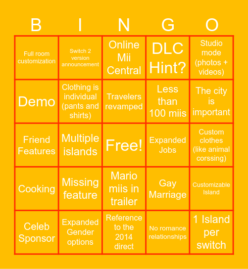 TOMODACHI LIFE: LIVING THE DREAM Bingo Card