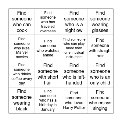 BINGO TO KNOW U!! Bingo Card