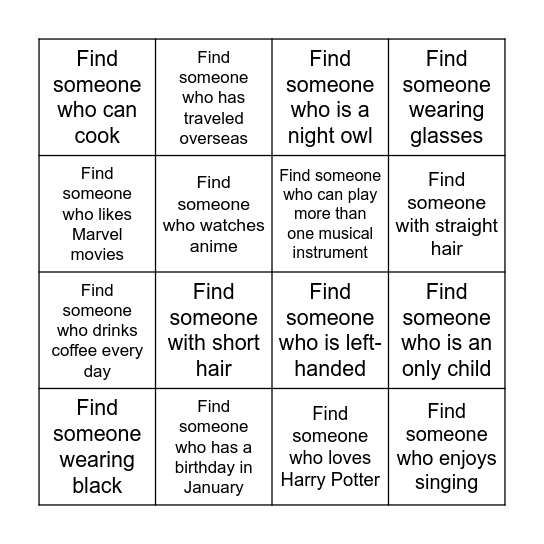 BINGO TO KNOW U!! Bingo Card