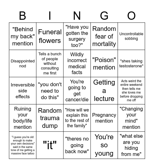 telling my mom im on t bingo Card